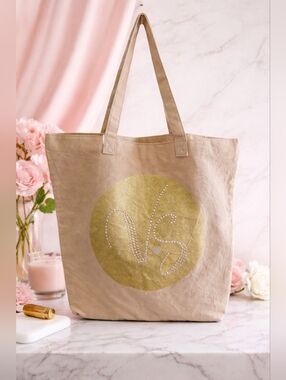 Victoria’s Secret Gold Logo Canvas Tote Bag | Large Neutral Shopper | NWOT